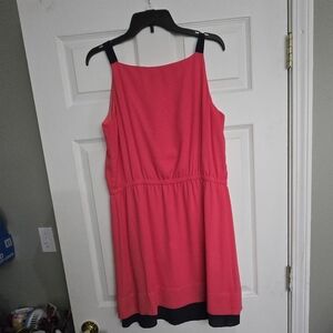 Coral Pink Sleeveless Dress with Navy Trim